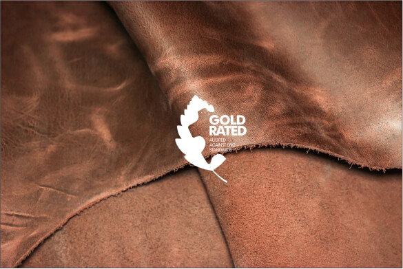 The image shown is brown leather material. To provide context of the leather material, the copy is as followed. Gold certified leather for a sustainable future. As we research and incorporate best green practices, we are working with suppliers who are on the forefrontn of responsible manufacturing. We insist that all of the leather we use in our products is sourced from gold-rated tanneries that use less water, less energy, and eliminate wastewater pollution.