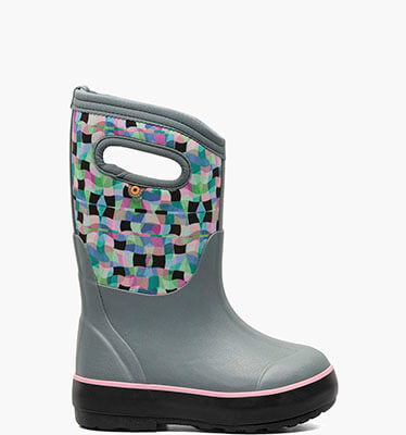 Classic II Checkered Geo Kid's Insulated Rainboots in Misty Gray for $100.00