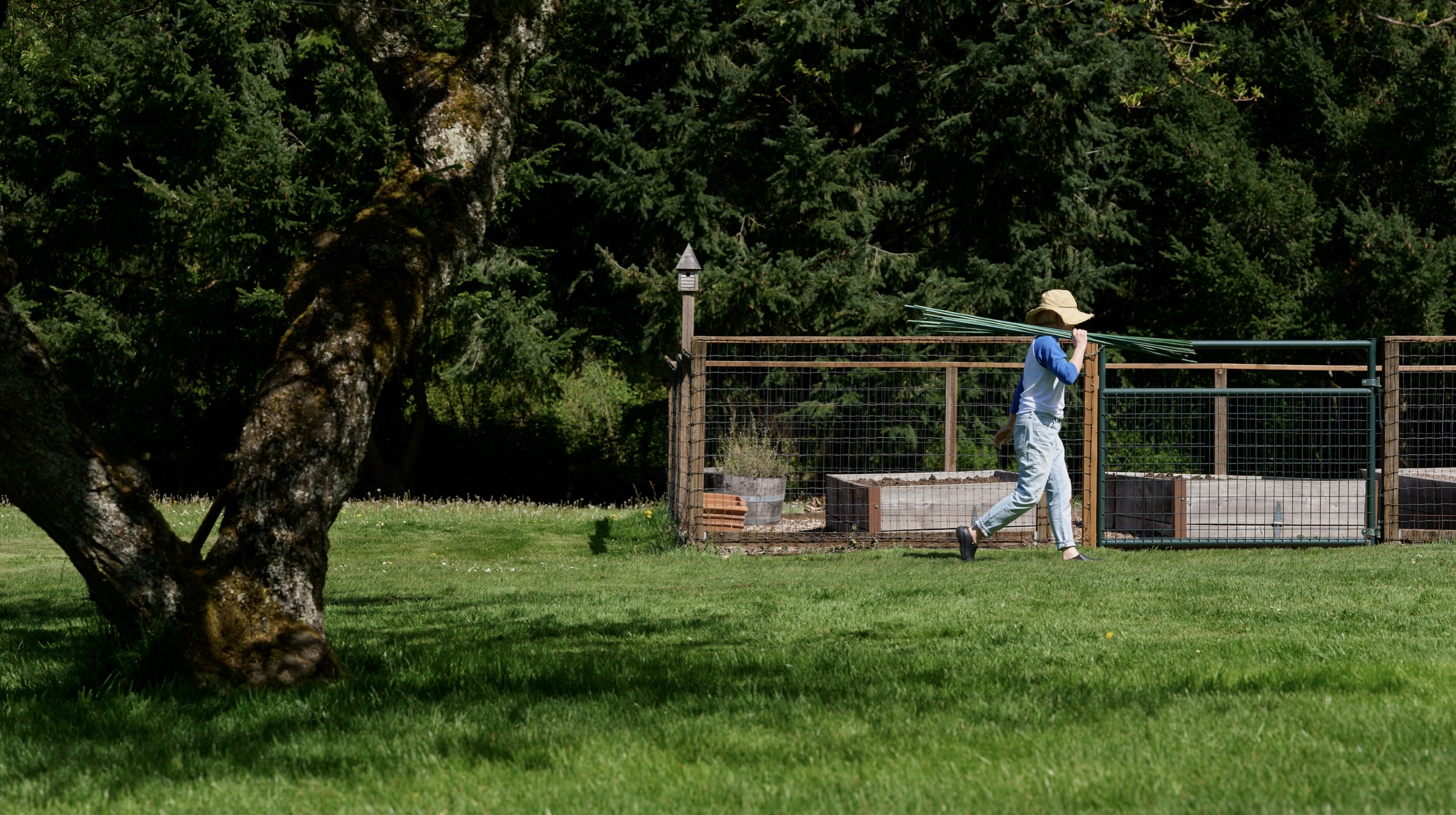 Click to shop women's farm & garden boots featuring a woman carrying wood across the yard.
