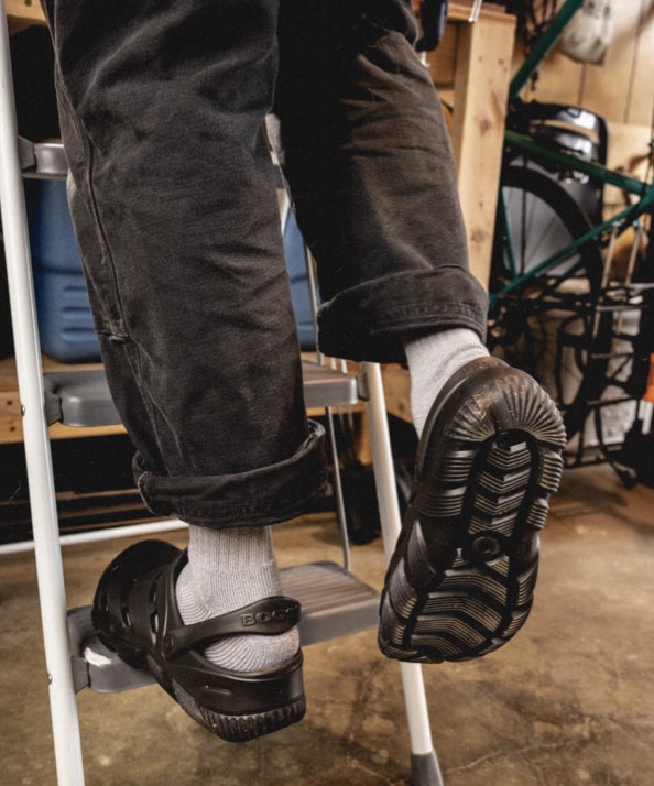 Click to shop the New Bogs Boga slip on featuring the shoe stepping on a ladder.