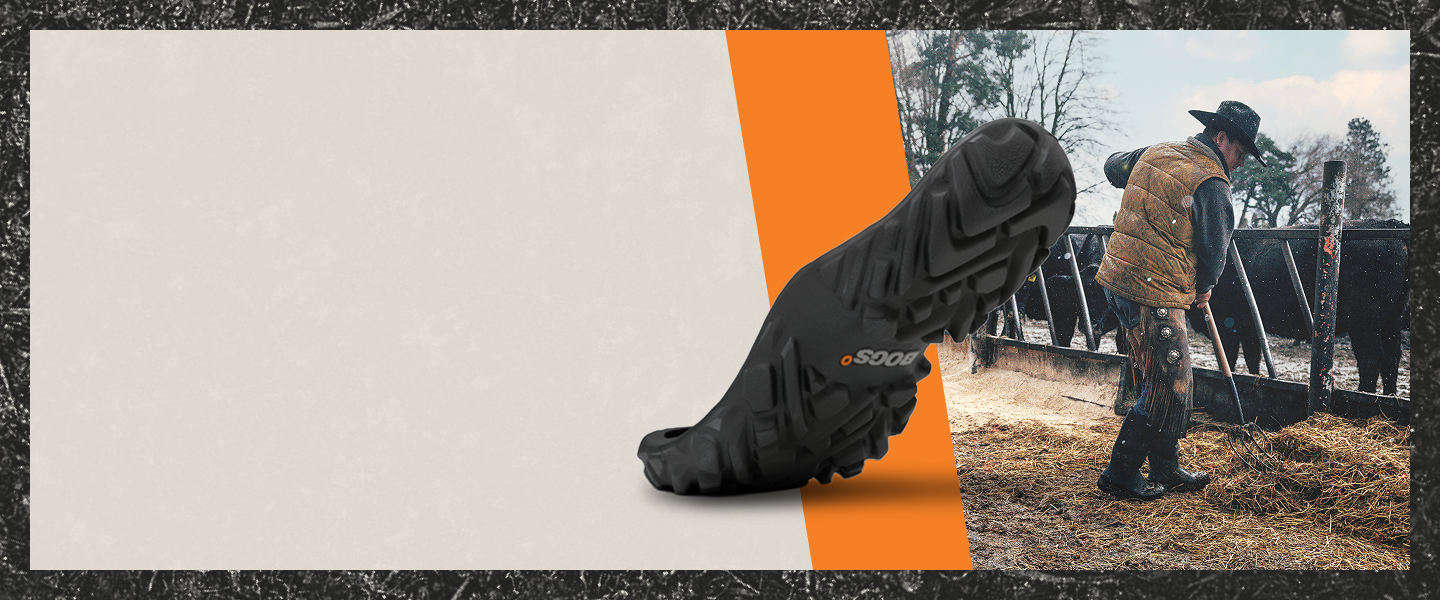 BOGS Maximum Versatility graphic. Image features a farmer at work while wearing BOGS boots as well as a close-up of BOGS' self-cleaning lug technology.