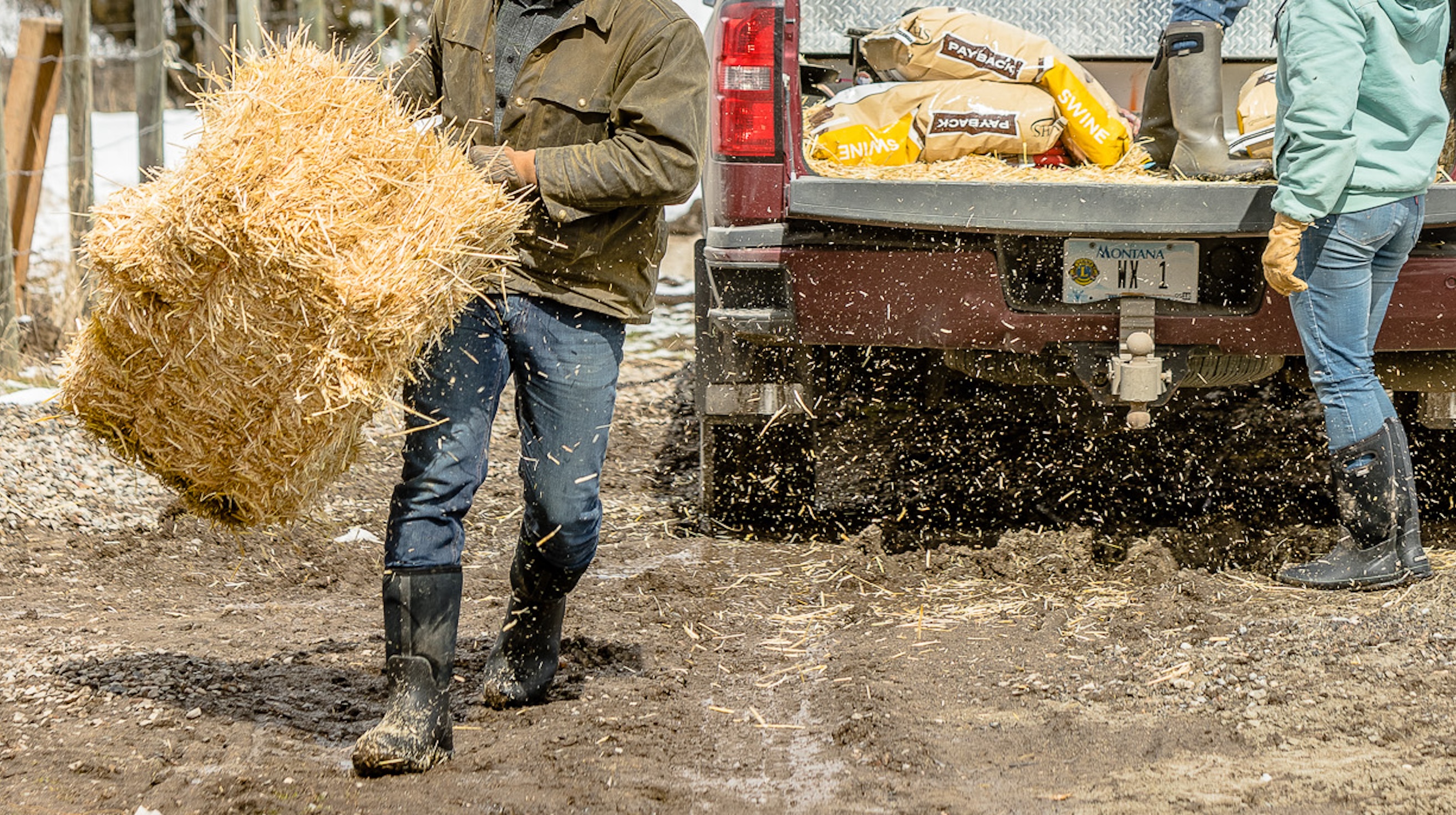 The image shown is a man carrying hay from a truck in the background.