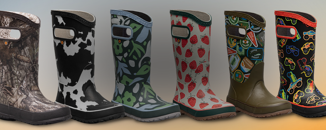 Shop kids' rainboots featuring a variety of patterns.