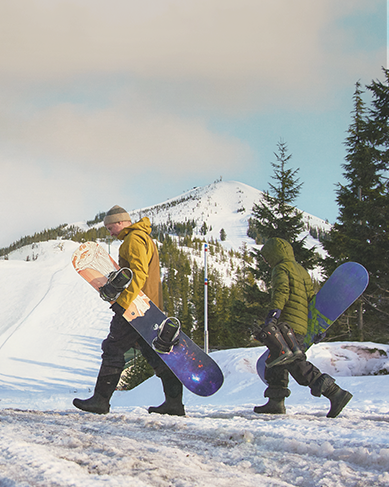 Shop the men's Bozeman II featuring 2 men carrying snowboards.