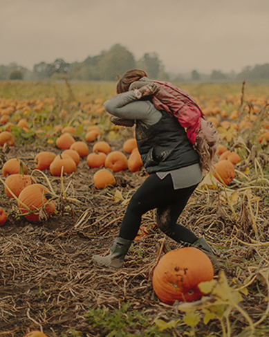 Shop our curated collection of women's essentials featuring a woman walking through a pumpkin patch.