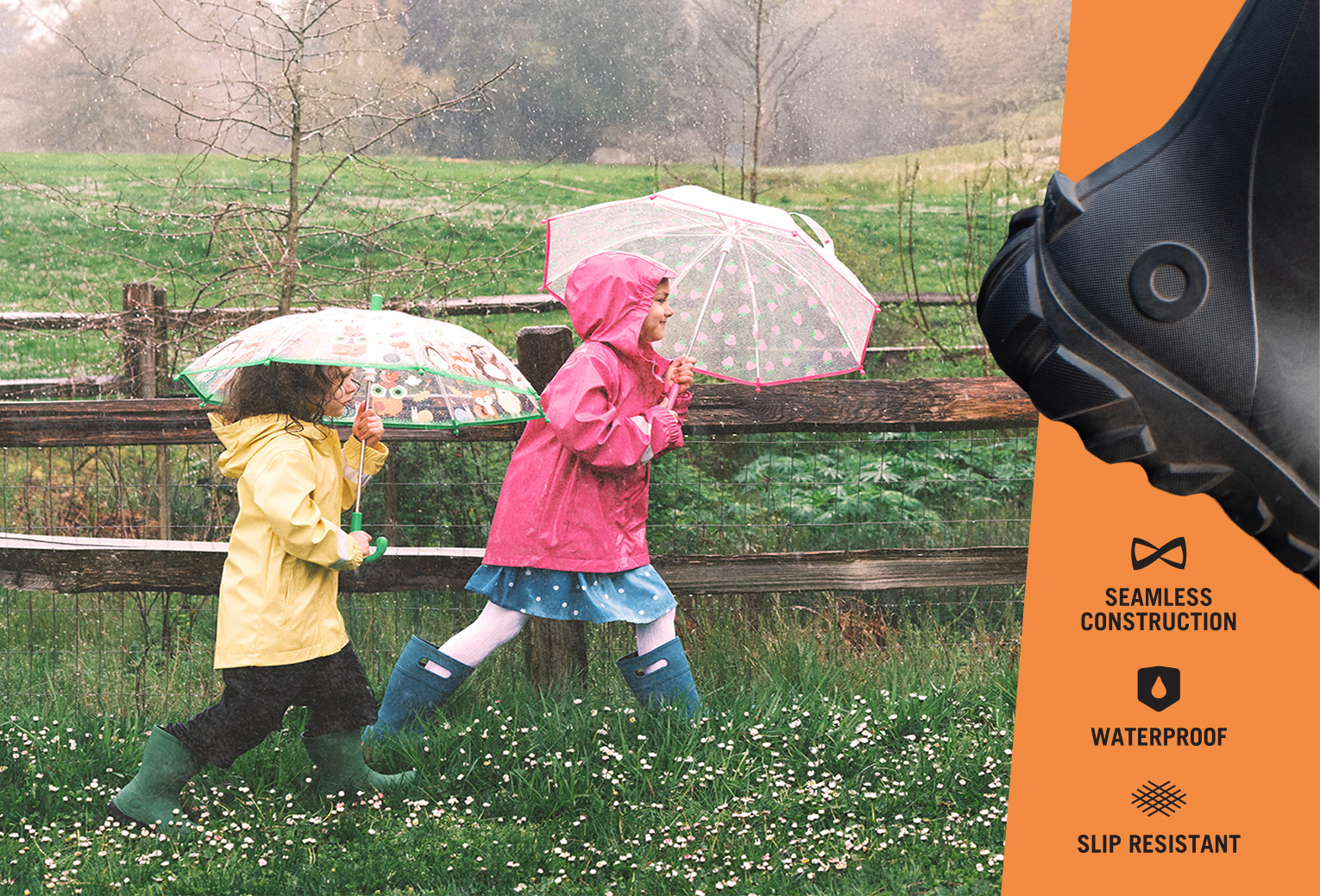 Kids' Seamless Construction graphic. Seamless Construction. Waterproof. Slip Resistant.