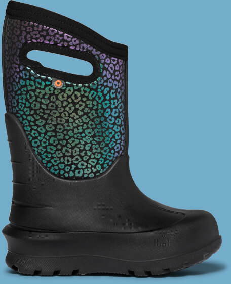 Shop the Kids' Neo-Classic Rainbow Leopard waterproof rain boots. The featured product is the Kids' Neo-Classic Rainbow Leopard in Black with a abstract 
rainbow leopard print.