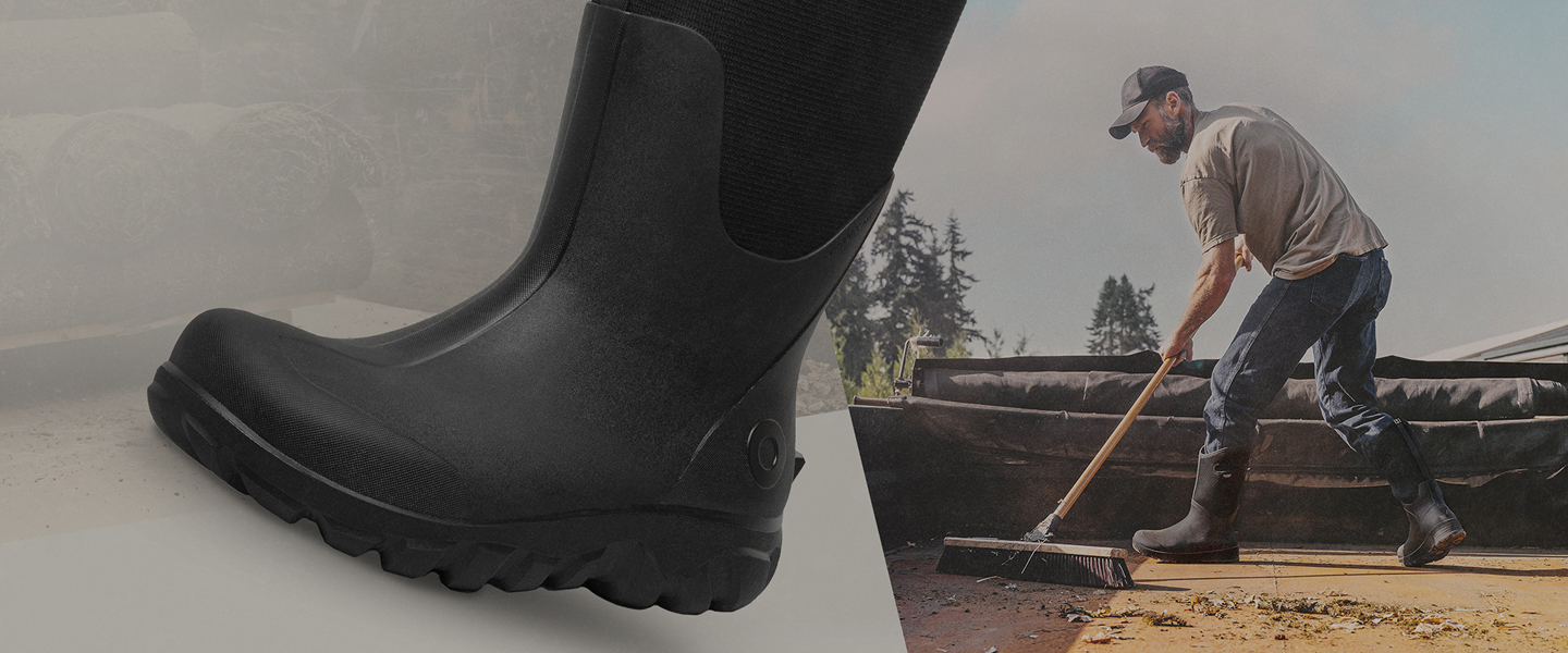 Image features a man wearing Bogs boots on a farm while closing the gate of a farm enclosure with sheep.