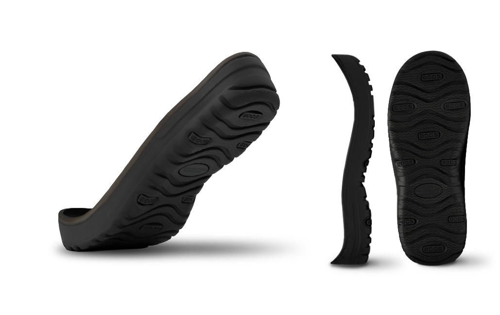 Image features three different angles of BOGS'                Hard-Surface Grip: Anti-Slip Design outsoles.