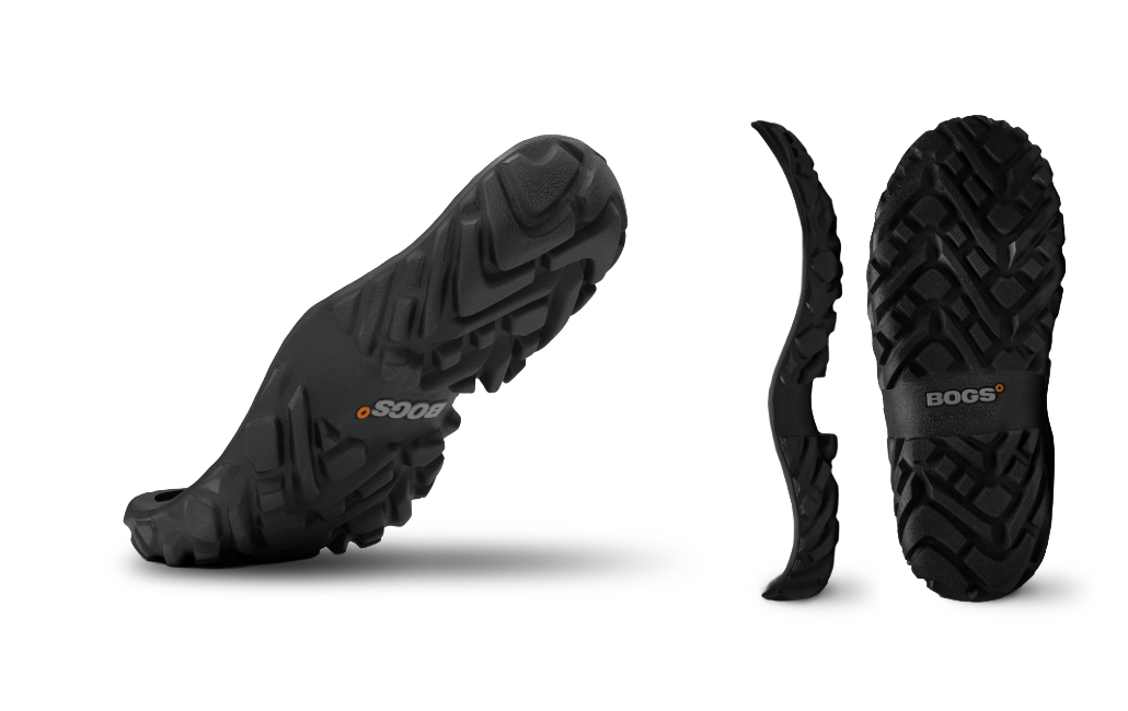 Image features three different angles of BOGS'                Maximum Versatility: Self-Cleaning Lug outsoles.