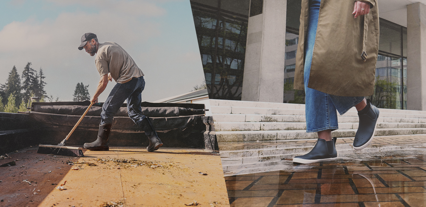 Image features split screen of two separate images:         The image on the left shows a man sweeping the back of a large truck bed while wearing BOGS Seamless boots.         The image on the right shows a model walking through a puddle on the street while wearing the BOGS          Kicker Rain Chelsea Women's Slip On Rain Boots in the color Black Multi.