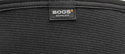 Image shows a close up of a BOGS seamless boot,                highlighting the BOGS Seamless tag and the neo-tech (neoprene) waterproof lining.