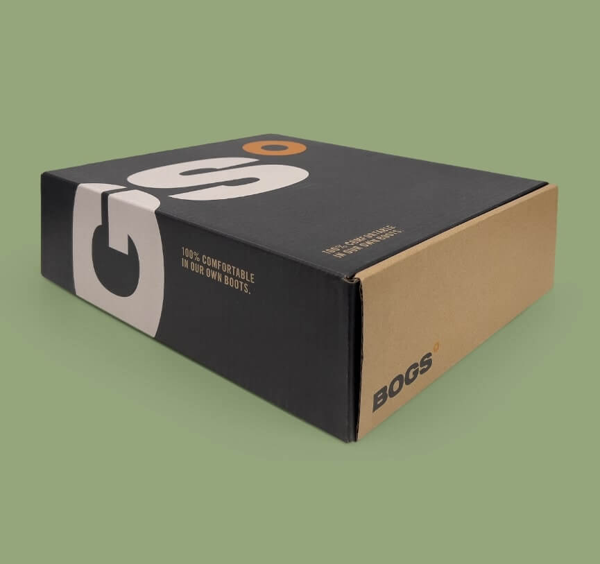 The image shown is a BOGS shoe box. To provide context of the box, the copy is as followed. For every boot. There's a box. Packaging is a challenge in the footwear industry and we haven't figured out the perfect solution yet. Right now we're reducing our impact by using recycled cardboard, soybased-inks and natural glues.