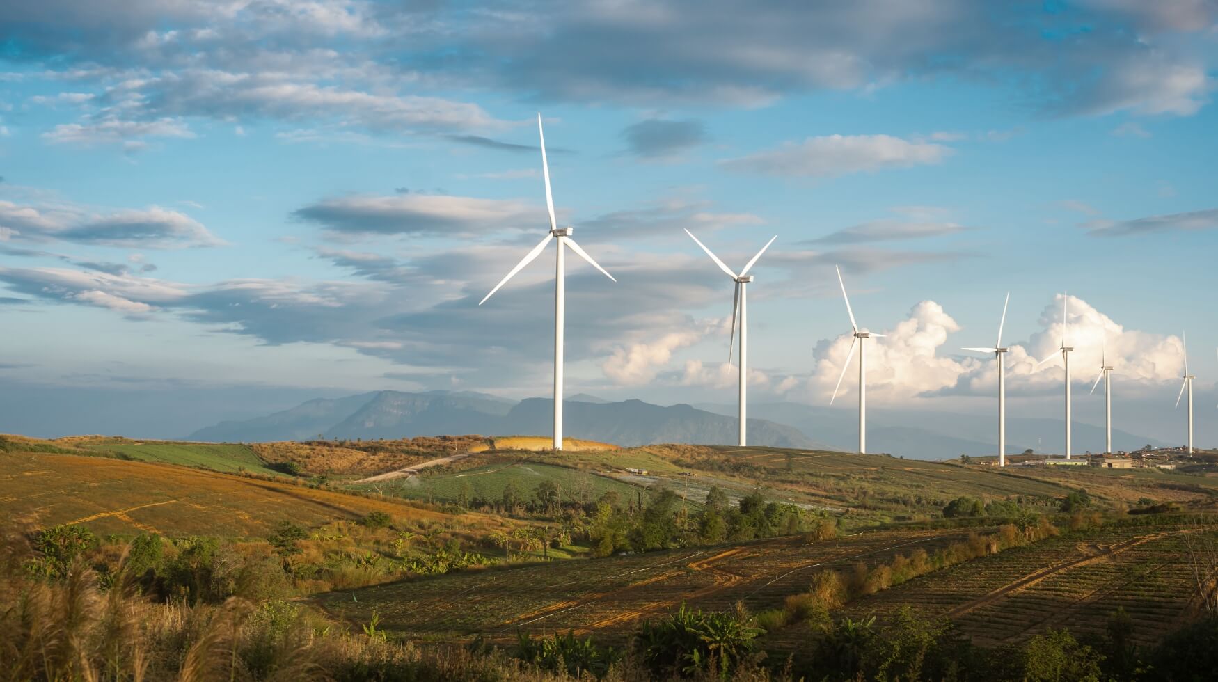 The image shown are wind power fans used as a renewable energy source. To provide context of the fans, the copy is as followed. We focus on the great outdoors. But we're also looking for ways to reduce wate and increase energy efficience in our offices and global distribution center. As part of this we've invested in solar with the goal of generating 100% off our energey from renewable sources by 2030.