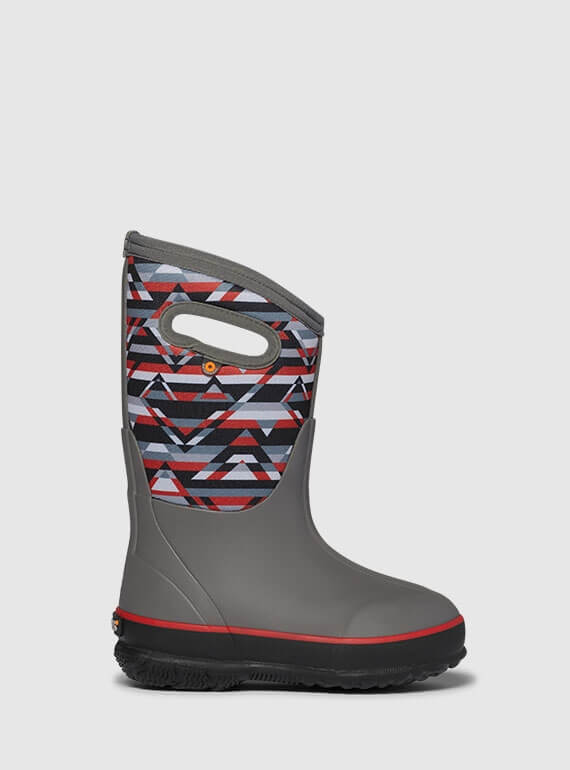 Shop the Kids' Classic II Mountain Geo waterproof insulated rain boots.  The featured product is the Kids' Classic II in grey with a red & black geo print.