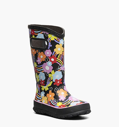 Rainboot Rainbow Flower Kids Rainboots in Black Multi for $44.99